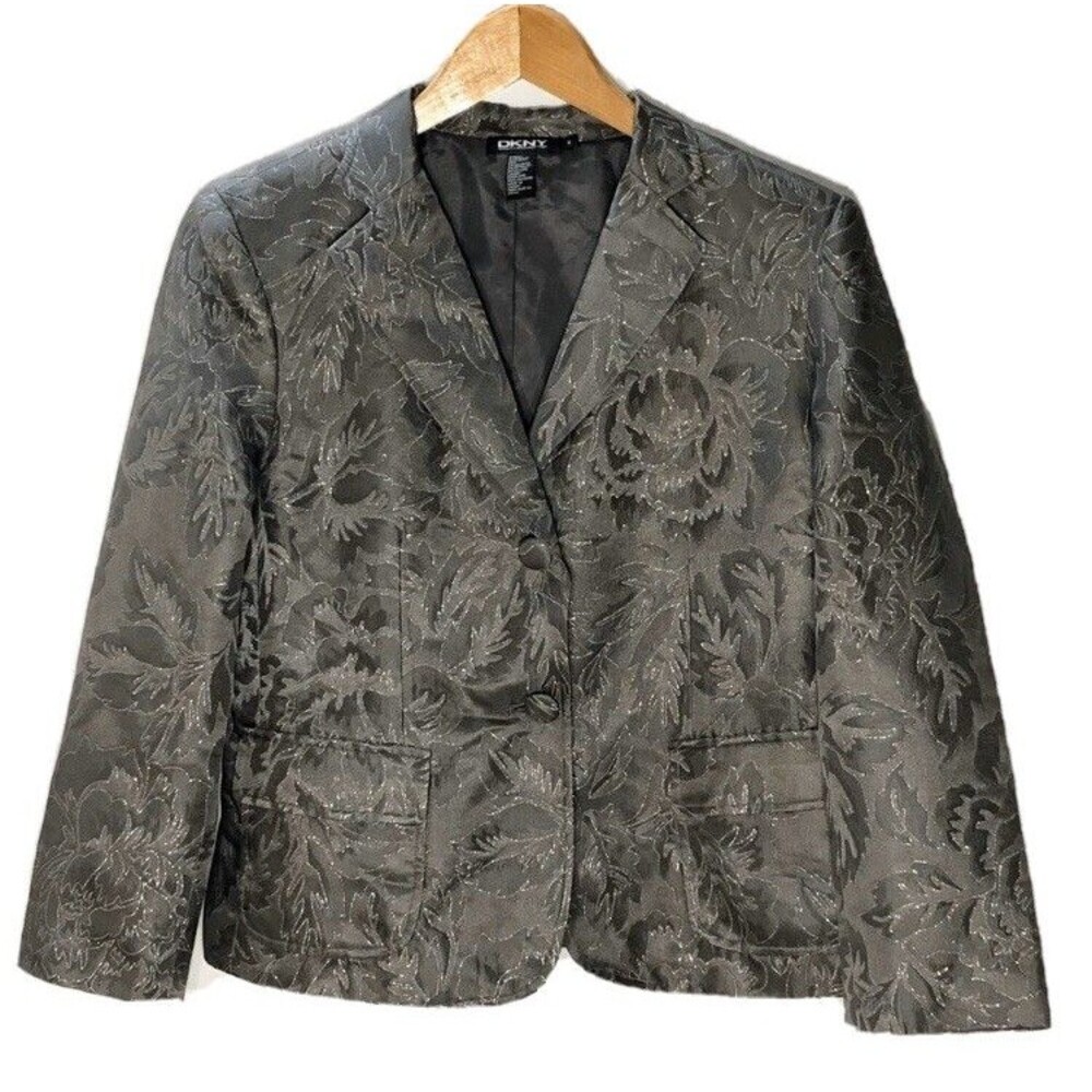 DKNY Women’s Top Two Buttons Blazer Jacket Size 8 Floral Metallic Gray